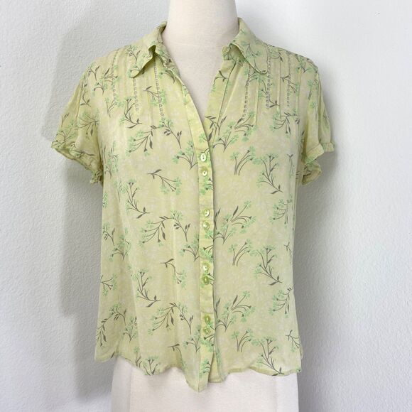 Vtg Y2k Old Navy Lime Green Sheer Silk Blouse Large Whimsy Fairy Peasant Boho - Picture 1 of 9